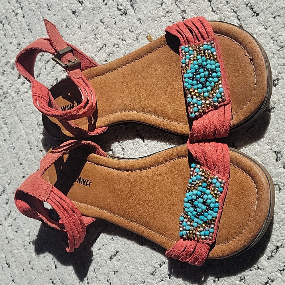 Red Leather Minnetonka Sandals with Turquoise Beads, Size 9
